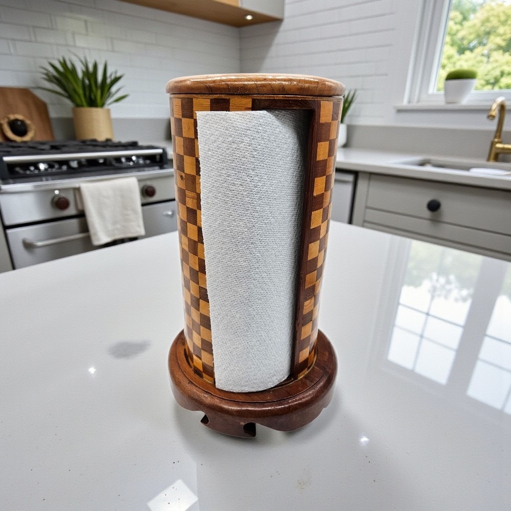 VTG Wood Marquetry Paper Towel Holder Checker Pattern Handmade Freestanding 14"